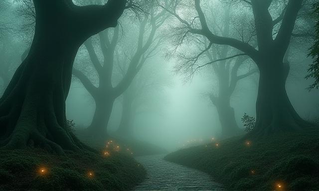 Entorno 3D de un bosque místico cubierto de niebla