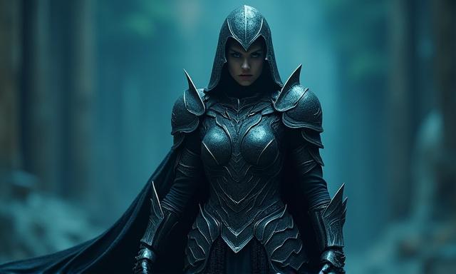 Modelo 3D de una guardiana mística con armadura detallada