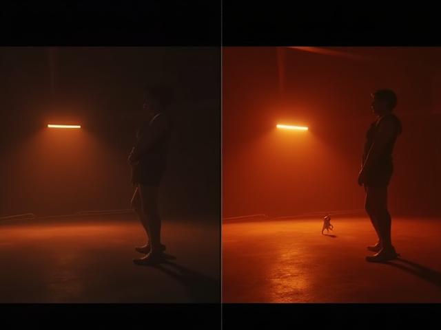 Pantalla dividida mostrando una imagen 3D antes y después de la corrección de color y composición en post-producción.