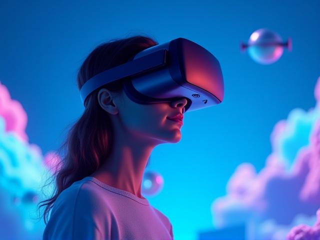 Una persona con gafas de realidad virtual experimentando un mundo 3D animado.